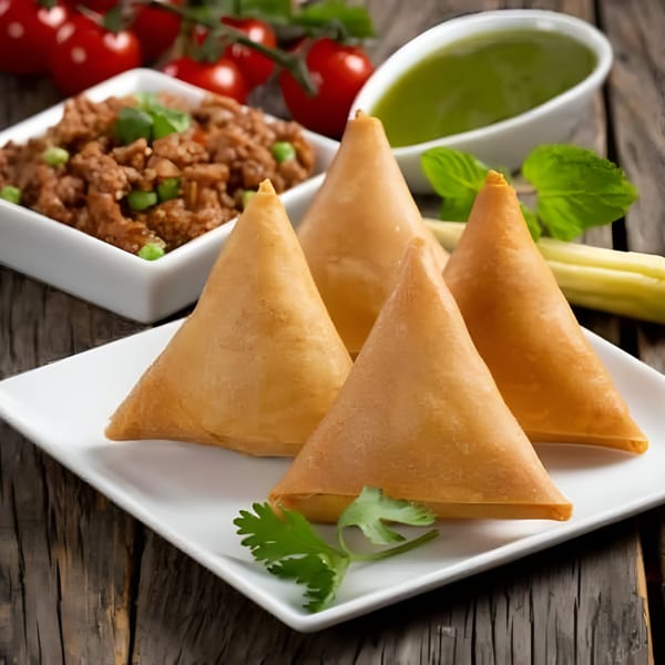 Four golden-brown samosas on a white plate, with a bowl of keema and green chutney.
