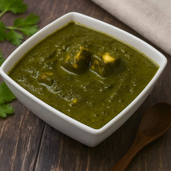 A white bowl of vibrant green Indian palak paneer with cheese cubes, on a wooden table.