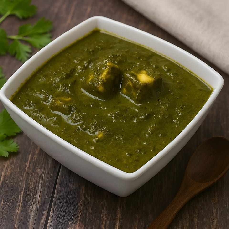 A white bowl of vibrant green Indian palak paneer with cheese cubes, on a wooden table.