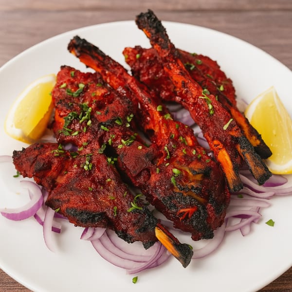 HotBits Indian Cuisine's grilled lamb chops, garnished with lemon wedges and red onion slices.